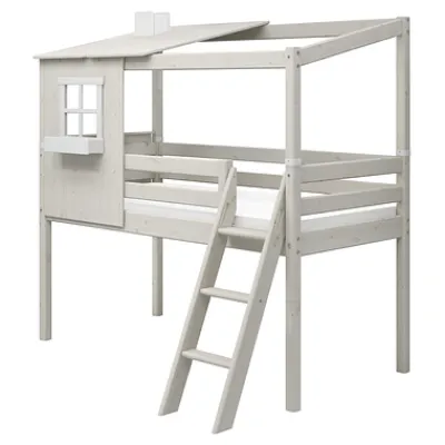 Classic halbhohes Bett mit halbem Baumhaus Aufsatz weiß lasiert/weiß^FLEXA Sale