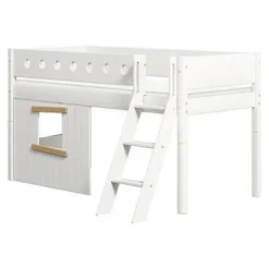 White halbhohes Bett mit Schrägleiter und Baumhaus Panelen /Eiche^FLEXA Best