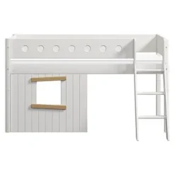 White halbhohes Bett mit Schrägleiter und Baumhaus Panelen /Eiche^FLEXA Best