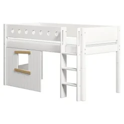 White halbhohes Bett mit senkrechter Leiter und Baumhaus Panelen /Eiche^FLEXA Outlet