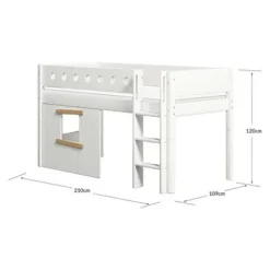 White halbhohes Bett mit senkrechter Leiter und Baumhaus Panelen /Eiche^FLEXA Outlet