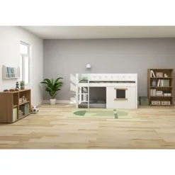 White halbhohes Bett mit senkrechter Leiter und Baumhaus Panelen /Eiche^FLEXA Outlet