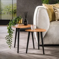 Beistelltisch 2er Set dreieckig organisch Metall/Akazie massiv^Rubjerg Design