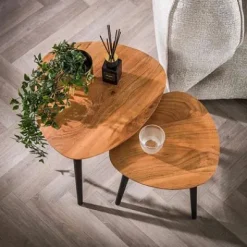 Beistelltisch 2er Set dreieckig organisch Metall/Akazie massiv^Rubjerg Design