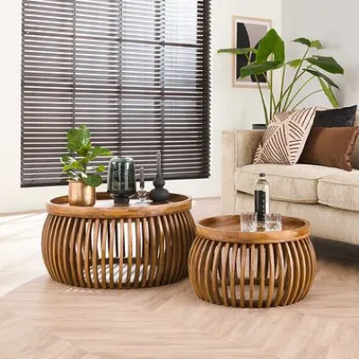 Couchtisch 2er Set Tweak Curve Ø80/Ø60cm Mangoholz massiv^Rubjerg Design Online